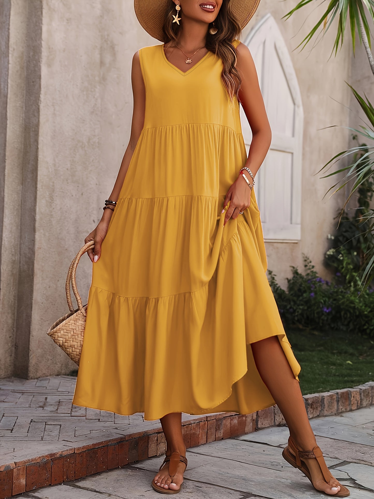 Loose V Neck Ruffle Hem Dress, Casual Sleeveless Dress For Spring & Summer, Women's Clothing