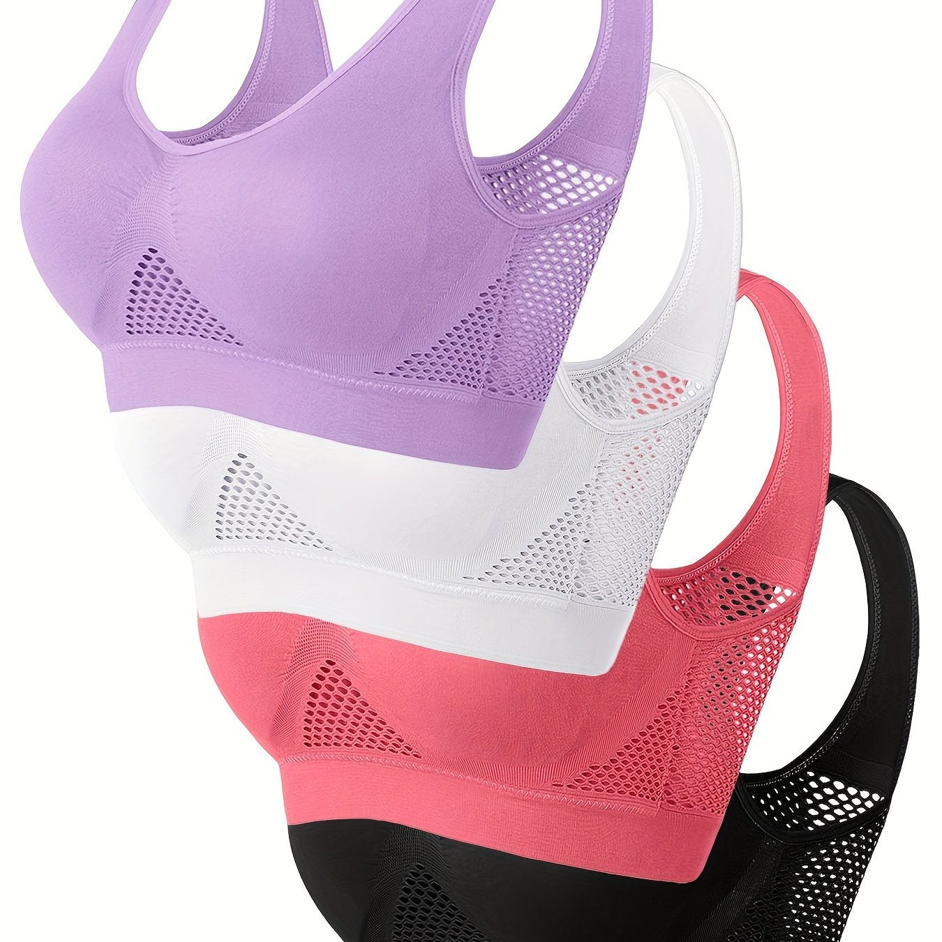Wireless, Breathable 4pcs Women's Sports Bras - Padded, Mesh with Racerback Design for Yoga, Fitness, Running - Pink, White, Purple, Black, Workout Accessories