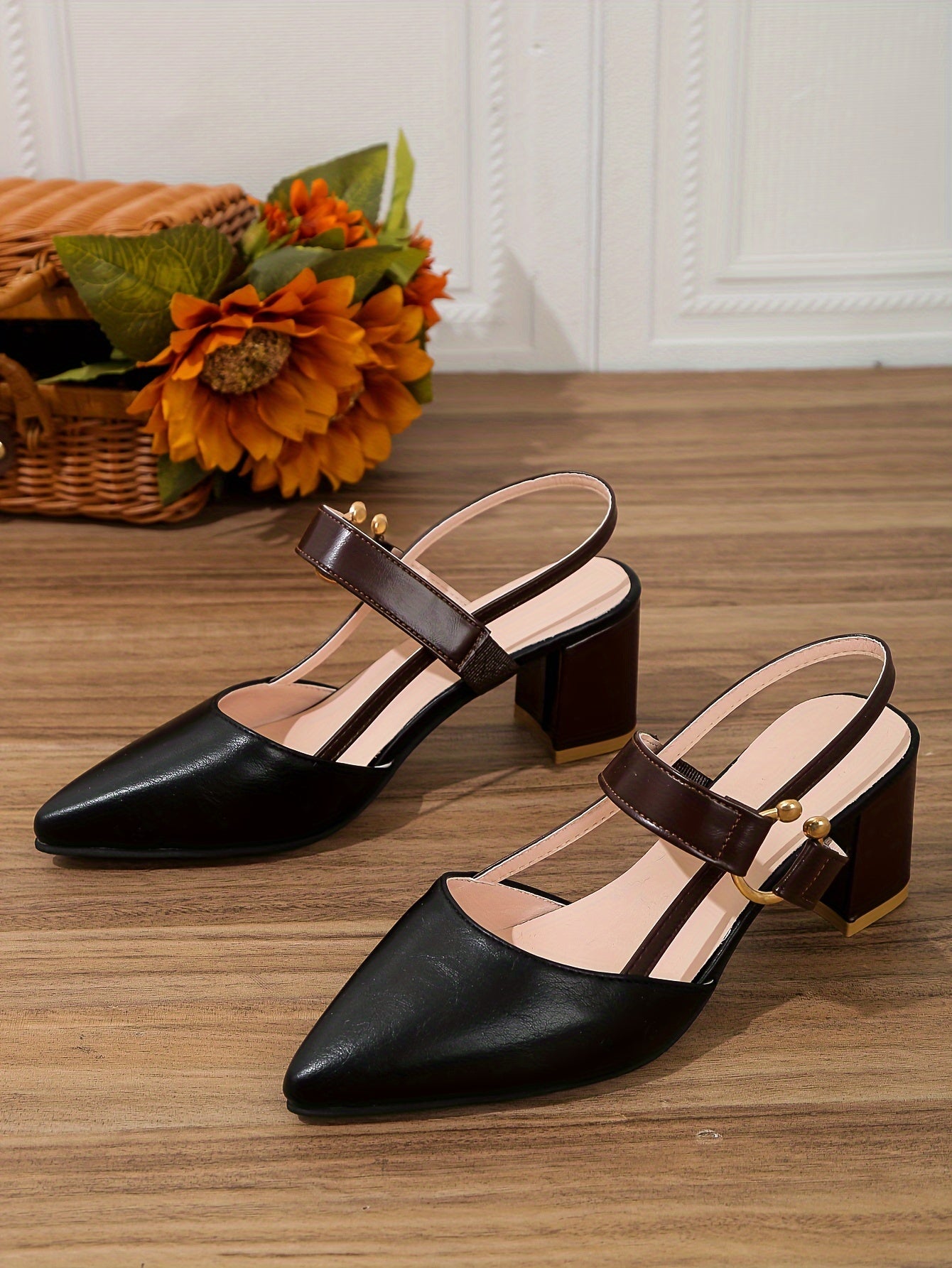 Women's Pointed Toe Block High Heel Sandals, Fashion Solid Color Slingback Shoes, Versatile Mid Heels