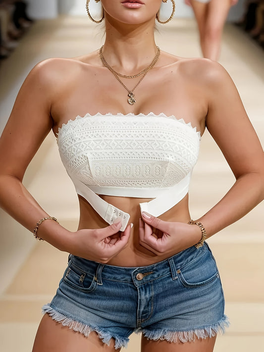 Floral Lace Non Padded Invisible Strapless Bra, Front Buckle Wireless Non-slip Tube Bra, Women's Lingerie & Underwear