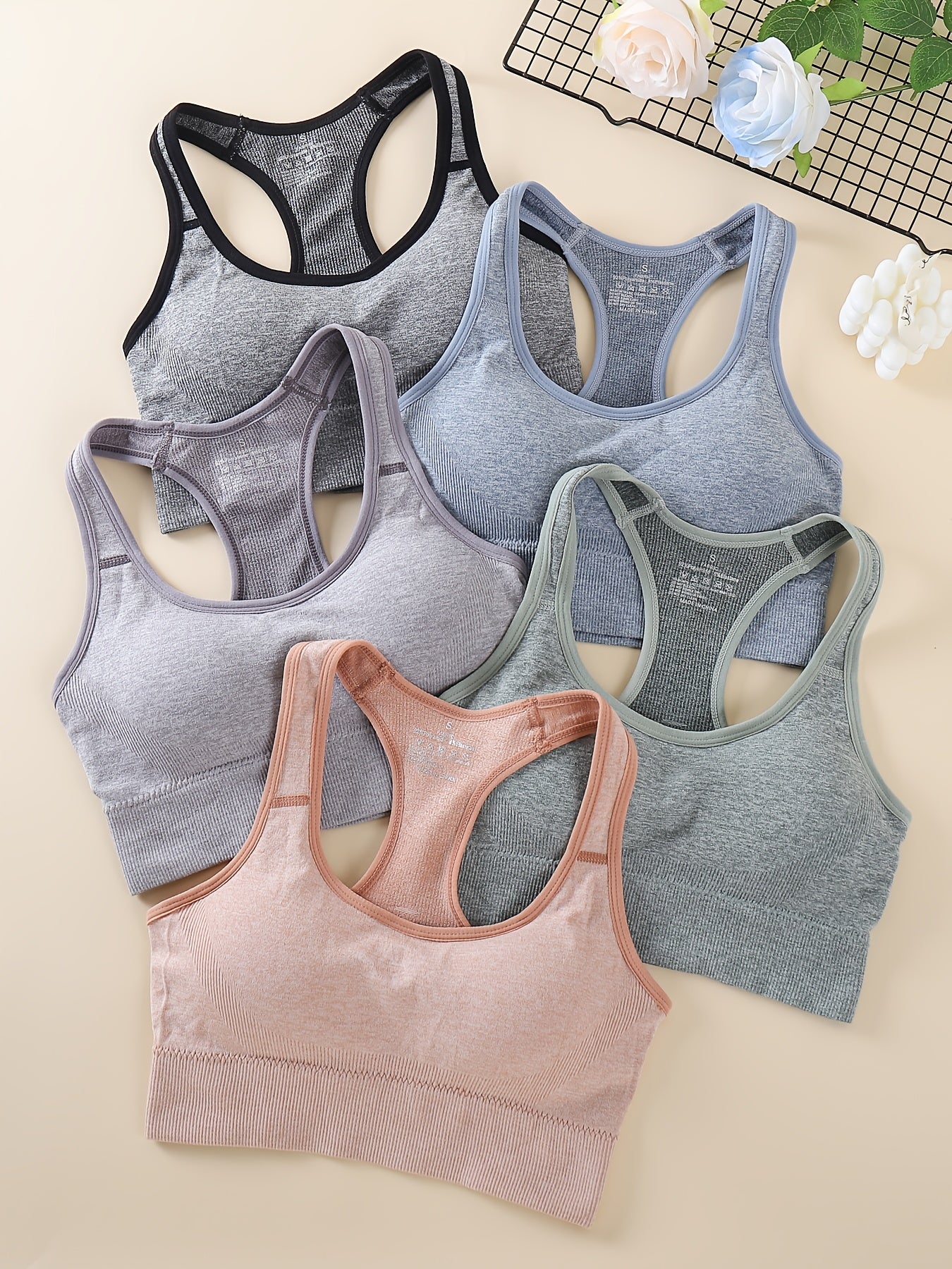 5pcs Women's Medium Support Sports Bras with Removable Pads, Breathable Mesh Back & Moisture-Wicking - Yoga & Gym Bras for High-Impact Workouts, Tummy Control, 5 Colors (Black/Dark Grey/Charcoal/Blush/Peach), Yoga Apparel | S