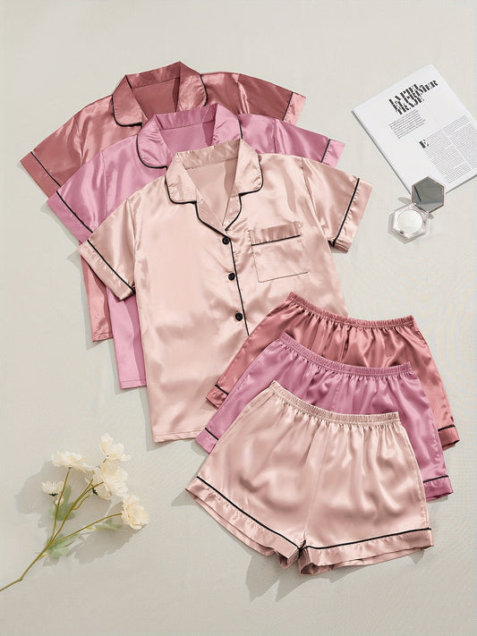 [Three suits] multicolor variety of short-sleeved shorts solid color imitation satin PJ set Women's two-piece suit