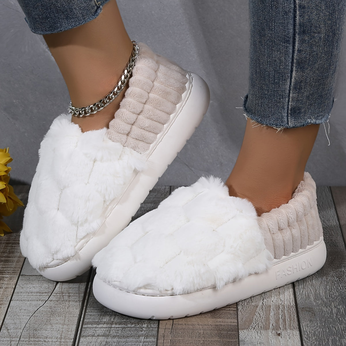 Cozy Faux Fur Slippers - Soft Fabric Lined, Rubber Sole, Comfortable Indoor Shoes for Home, Casual Slip-On Design with Plush Interior