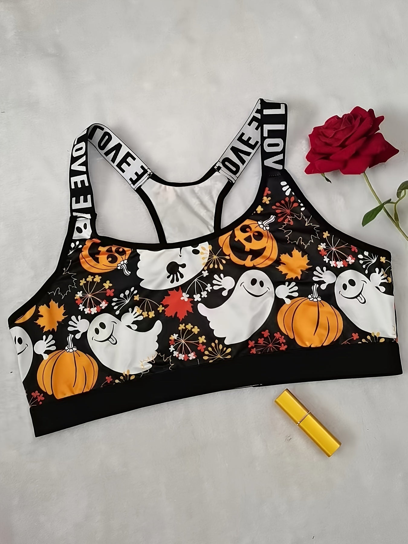 Plus Size Ghost & Pumpkin Print Racer Back Bralette - Women's Halloween Sports Bra - Comfortable, Breathable, Wire-Free, Letter Tape Design, Plus Size Bras & Bralettes for Curvy Women