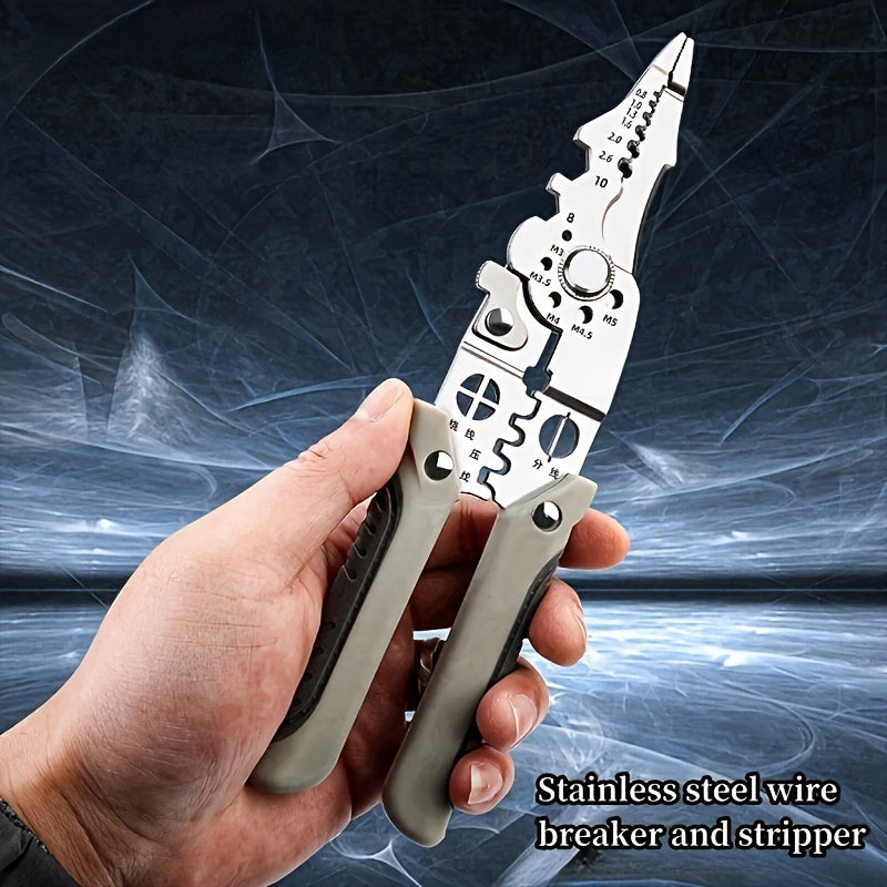 1pc Multi-functional Stainless Steel Wire Cutter And Stripper Pliers, 8.5in Industrial Grade Electrical Pliers For Wiring, Cutting, Stripping, Crimping, Gripping, Twisting, Nail Pulling, Metal Construction For Electricians An