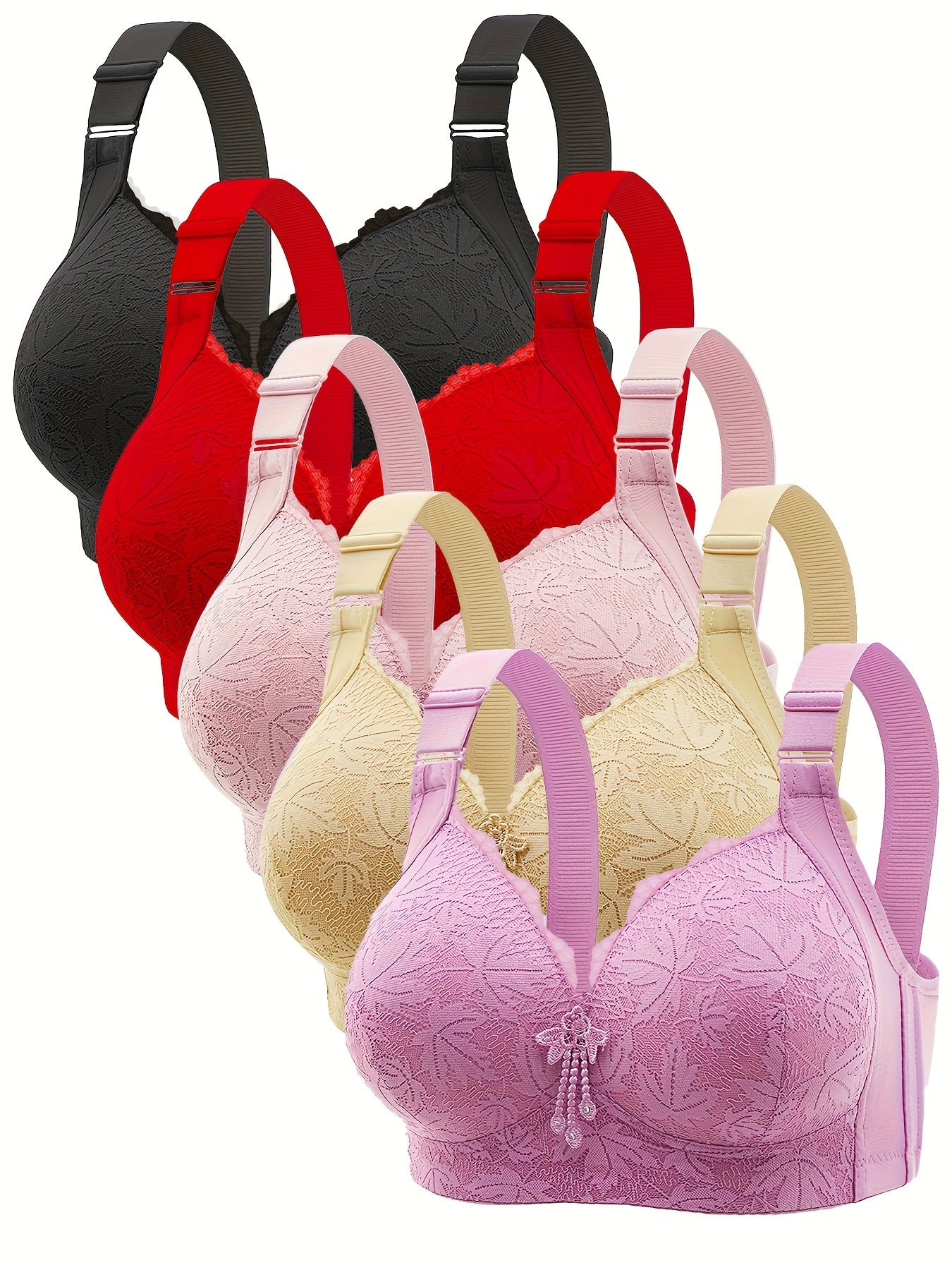 5pcs ESSELEGANCE Push-Up Bras for Women - Adjustable, Comfort Fit with Floral Lace Pattern, V-Neck, Nylon & Elastane Blend, Machine Washable - Available in Black, Red, Beige, Pink, & Purple