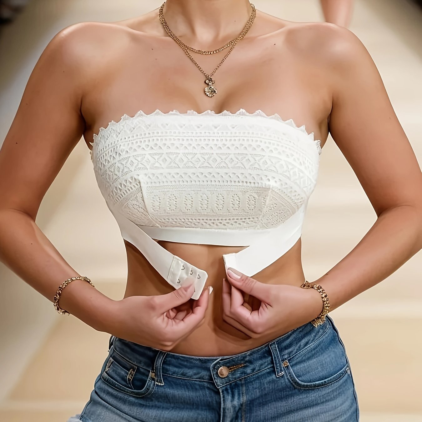 Floral Lace Non Padded Invisible Strapless Bra, Front Buckle Wireless Non-slip Tube Bra, Women's Lingerie & Underwear