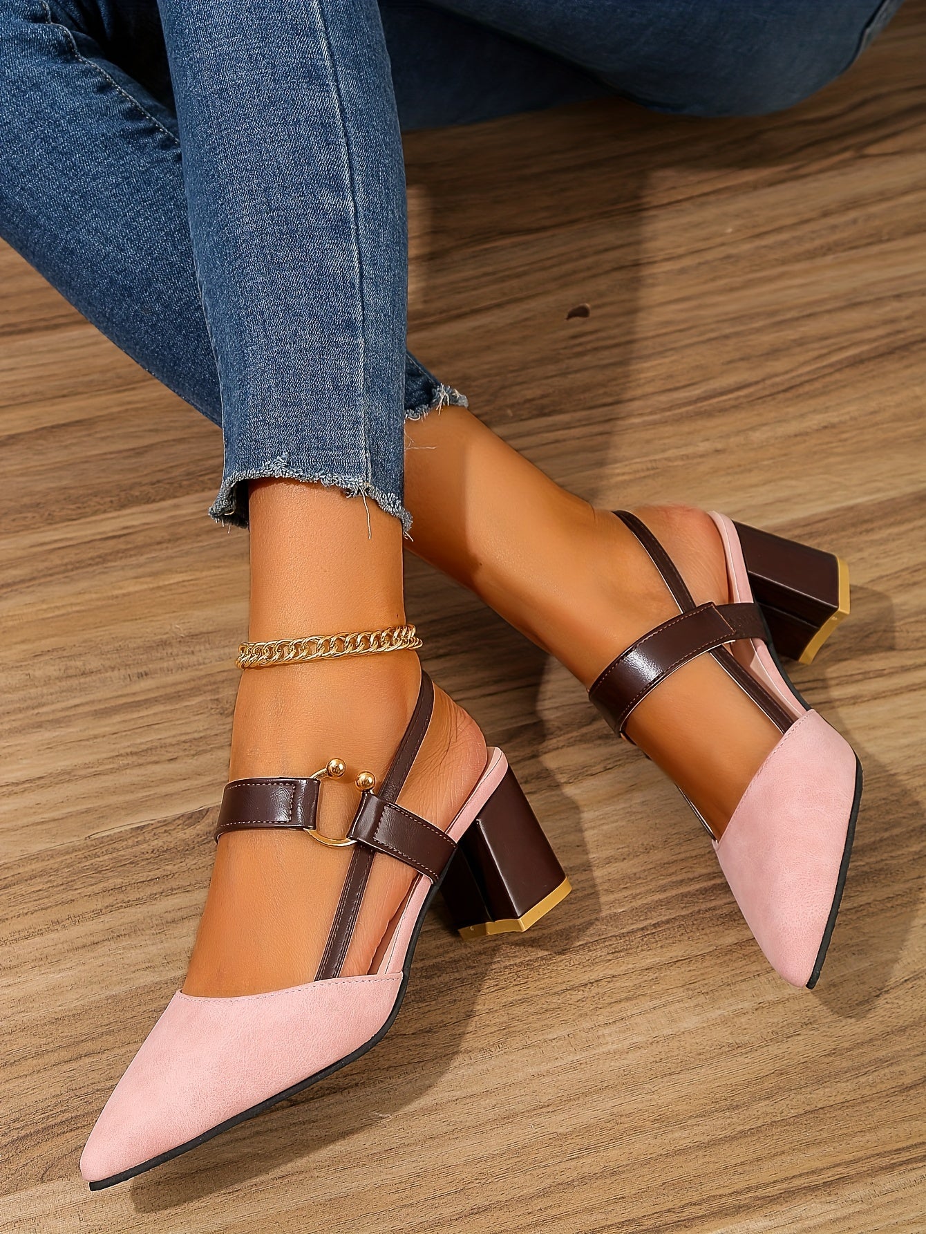 Women's Pointed Toe Block High Heel Sandals, Fashion Solid Color Slingback Shoes, Versatile Mid Heels