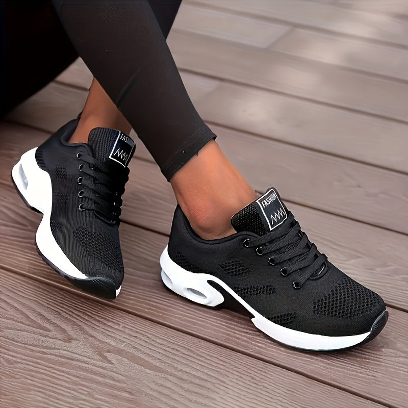 Women's White Breathable Sneakers - Low-Top Casual Sports Shoes with Air Cushion Sole, Shock-Absorbing Platform for Running