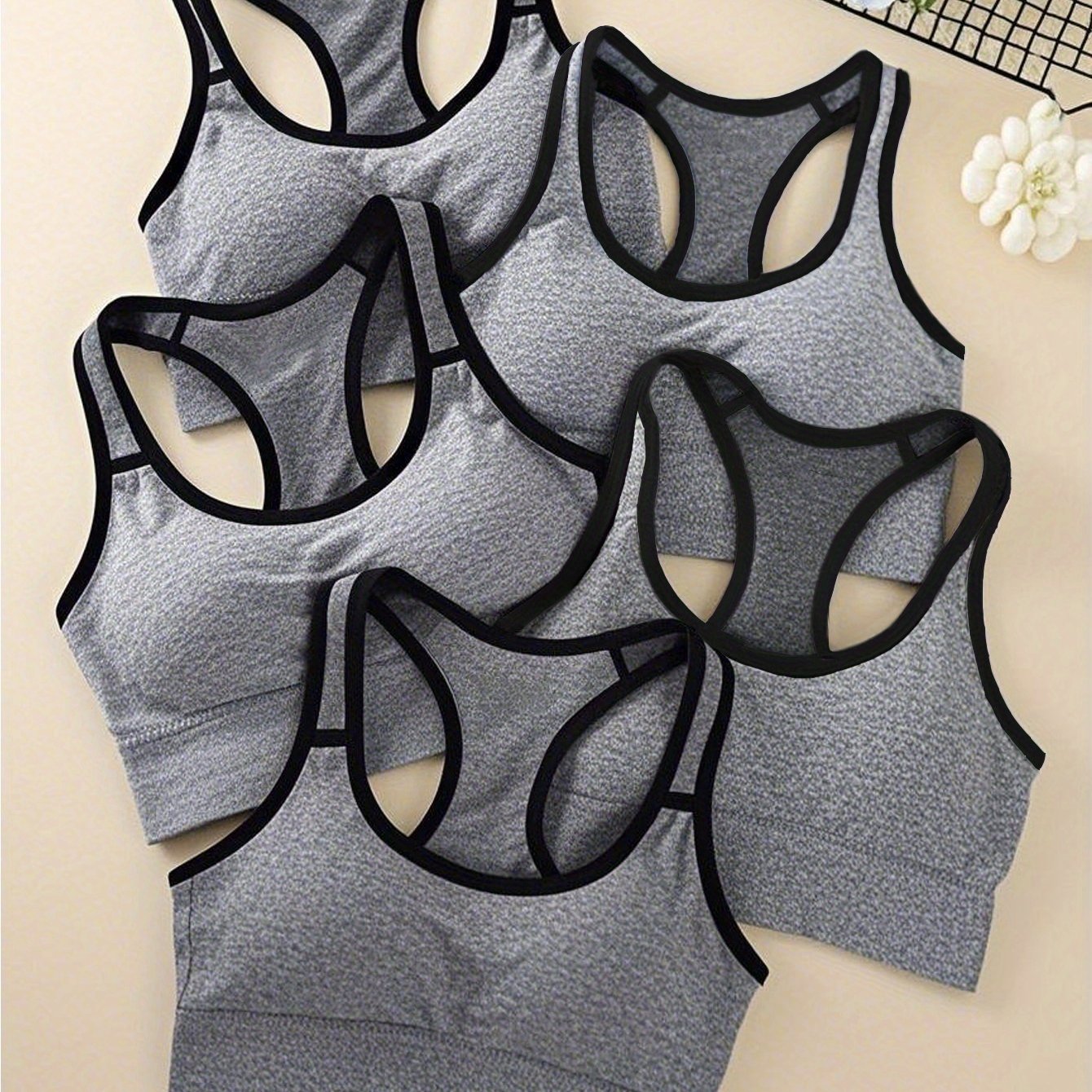 5pcs Women's Medium Support Sports Bras with Removable Pads, Breathable Mesh Back & Moisture-Wicking - Yoga & Gym Bras for High-Impact Workouts, Tummy Control, 5 Colors (Black/Dark Grey/Charcoal/Blush/Peach), Yoga Apparel | S