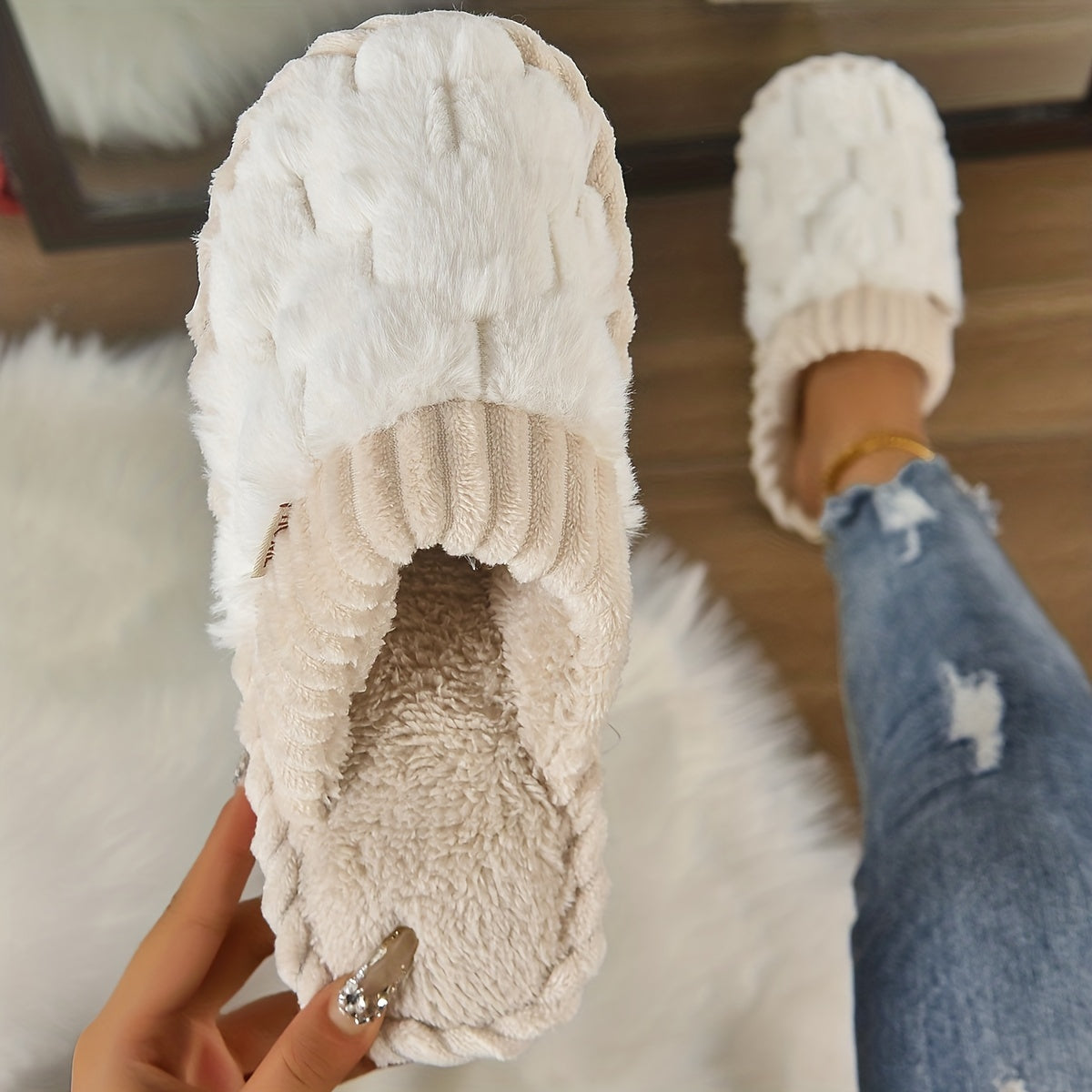 Cozy Faux Fur Slippers - Soft Fabric Lined, Rubber Sole, Comfortable Indoor Shoes for Home, Casual Slip-On Design with Plush Interior