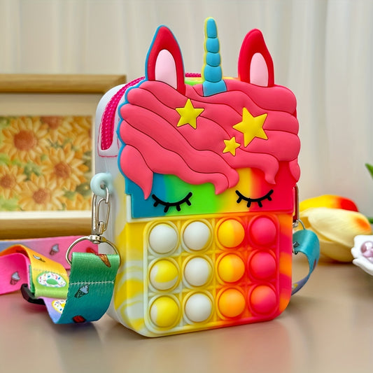 Colorful Youngsters' Unicorn Crossbody Bag with Pop Fidget Buttons - Waterproof Silicone, Adjustable Strap, Zip Closure, Polyester Lined - Fun & Educational Toy Purse for Ages 5-8