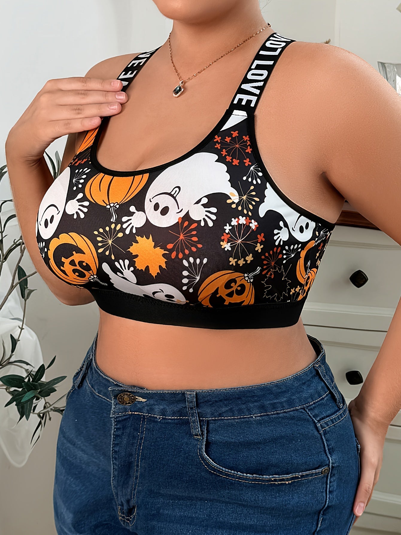 Plus Size Ghost & Pumpkin Print Racer Back Bralette - Women's Halloween Sports Bra - Comfortable, Breathable, Wire-Free, Letter Tape Design, Plus Size Bras & Bralettes for Curvy Women
