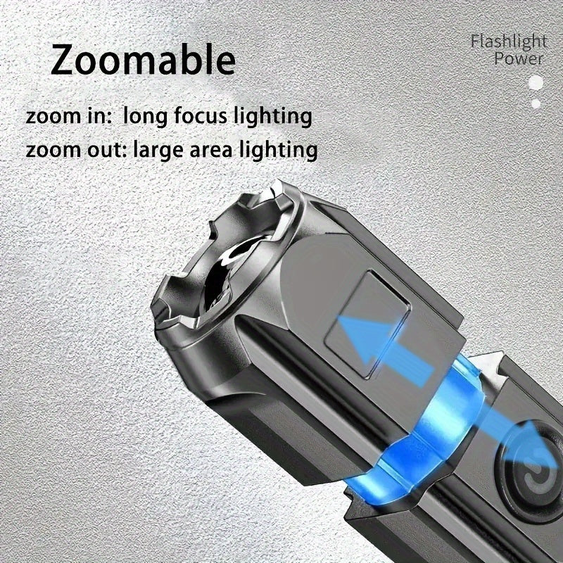 1pc Tactical Zoomable Flashlight - Rechargeable 800mAh Battery, Portable Multi-Functional Outdoor Light with Textured Grip & Dual Power Source (Battery/USB) for Home, Camping, and Emergency Use, Rechargeable Flashlight