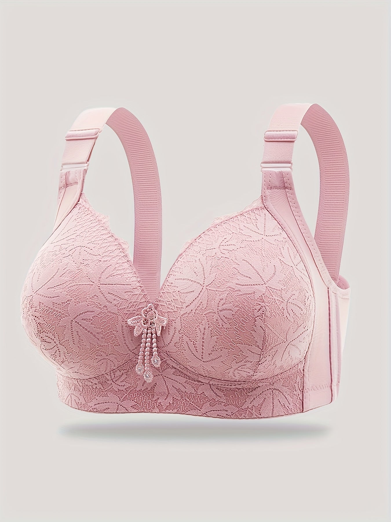 5pcs ESSELEGANCE Push-Up Bras for Women - Adjustable, Comfort Fit with Floral Lace Pattern, V-Neck, Nylon & Elastane Blend, Machine Washable - Available in Black, Red, Beige, Pink, & Purple
