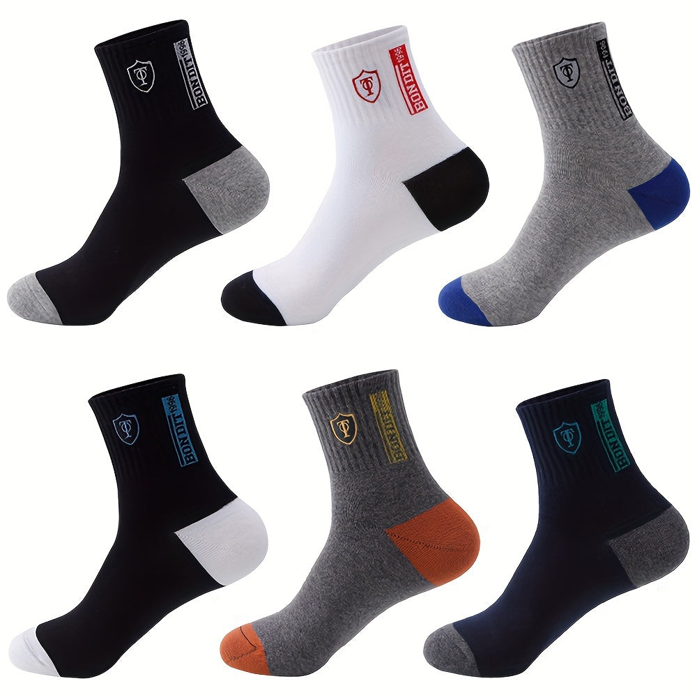 6pairs Men's Sweat Absorbing Embroidered Crest Athletic Socks, Ankle Socks