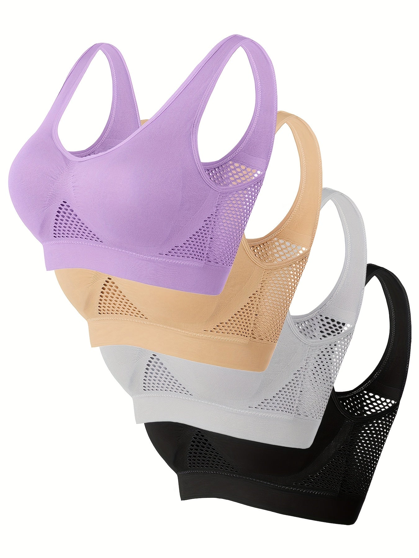 Wireless, Breathable 4pcs Women's Sports Bras - Padded, Mesh with Racerback Design for Yoga, Fitness, Running - Pink, White, Purple, Black, Workout Accessories