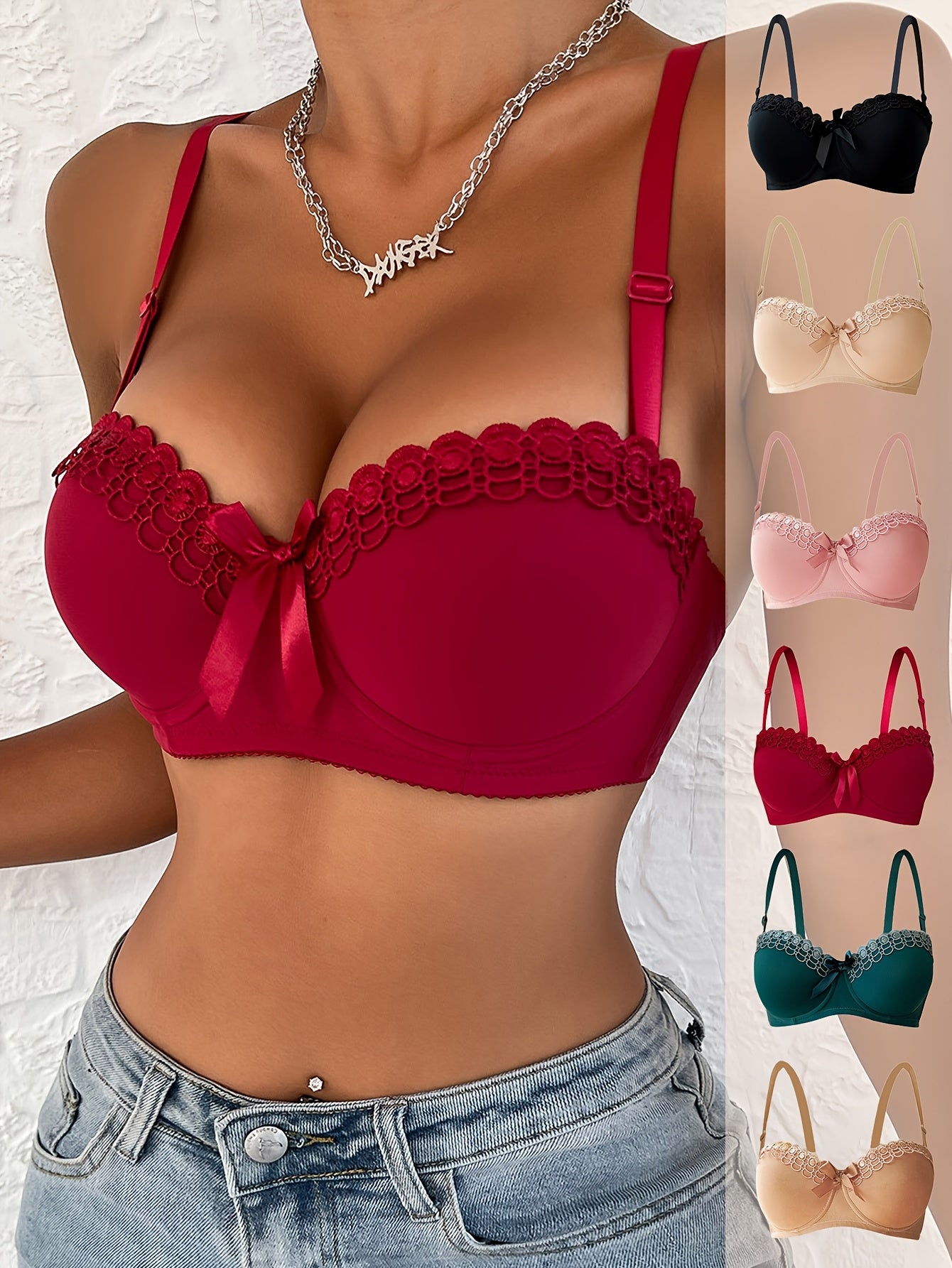 6pcs High Support Elegant Bras - Chic Push-up Balconette with Comfortable Fit, Non-removable Pads, Breathable Fabrics, Sexy Floral Lace Contrast Underwire