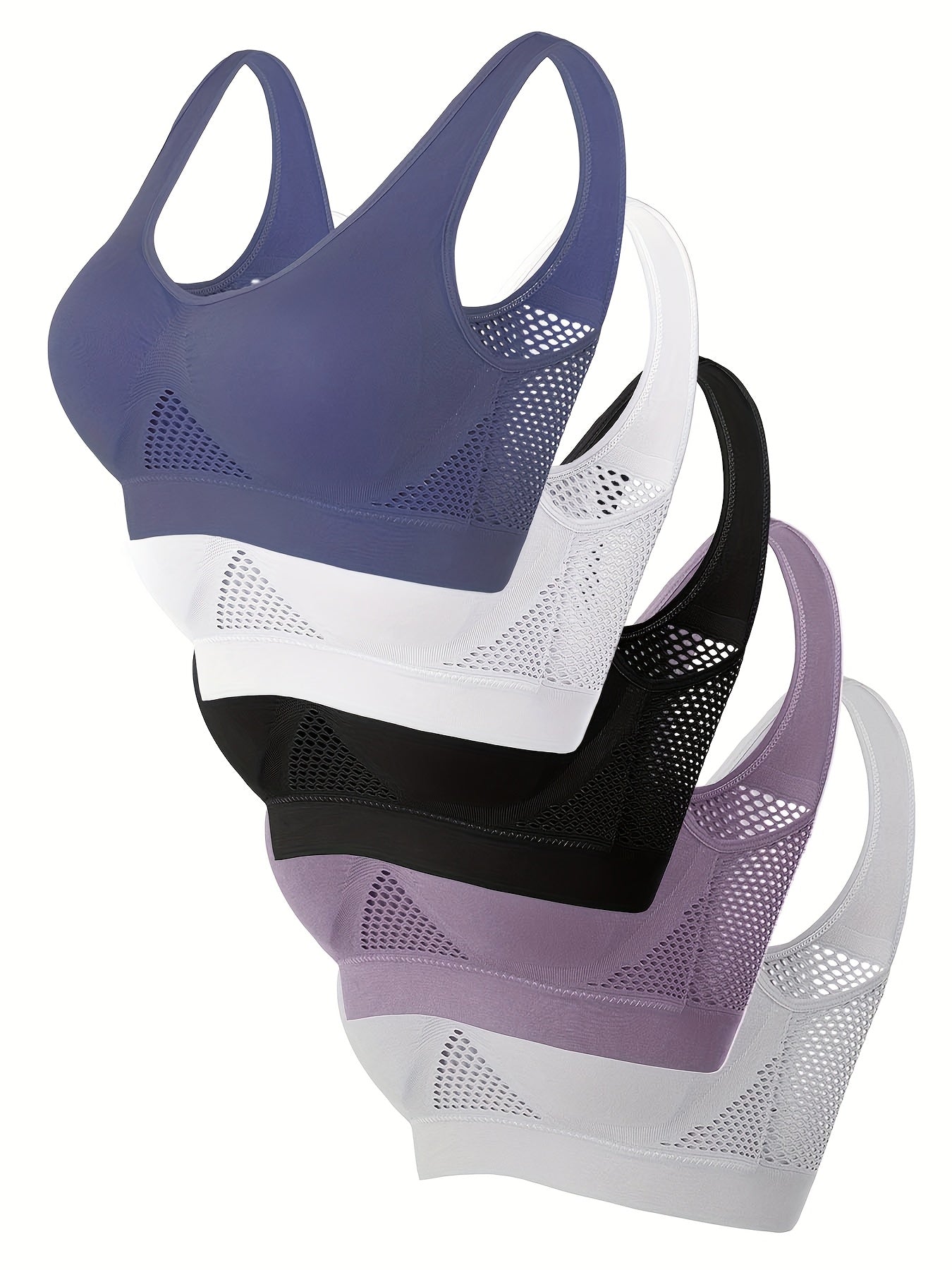 [Wire-Free] Wire-Free Sports Bras - 5pcs, Solid Color, Mesh, Breathable, High Elasticity - For Yoga, Fitness, and Running