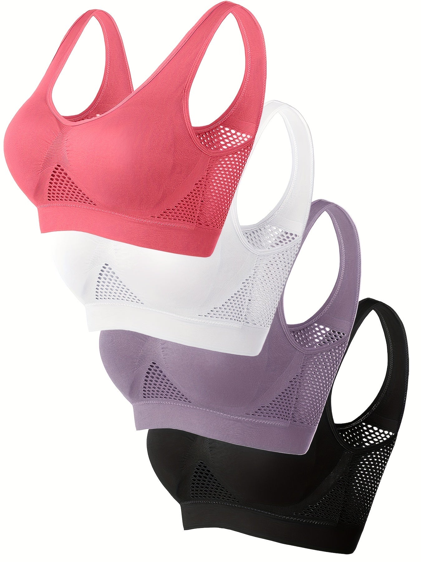 Wireless, Breathable 4pcs Women's Sports Bras - Padded, Mesh with Racerback Design for Yoga, Fitness, Running - Pink, White, Purple, Black, Workout Accessories
