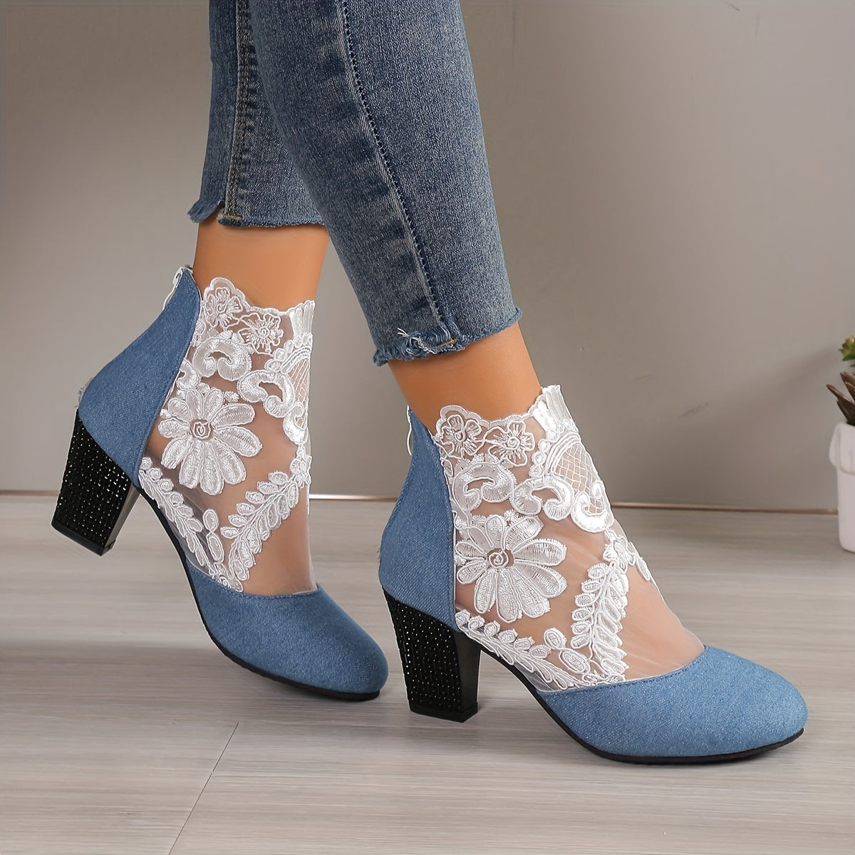 Women's Mesh Block Heel Boots, Fashion Floral Embroidered Back Zipper Heels, Versatile Dress Ankle Boots