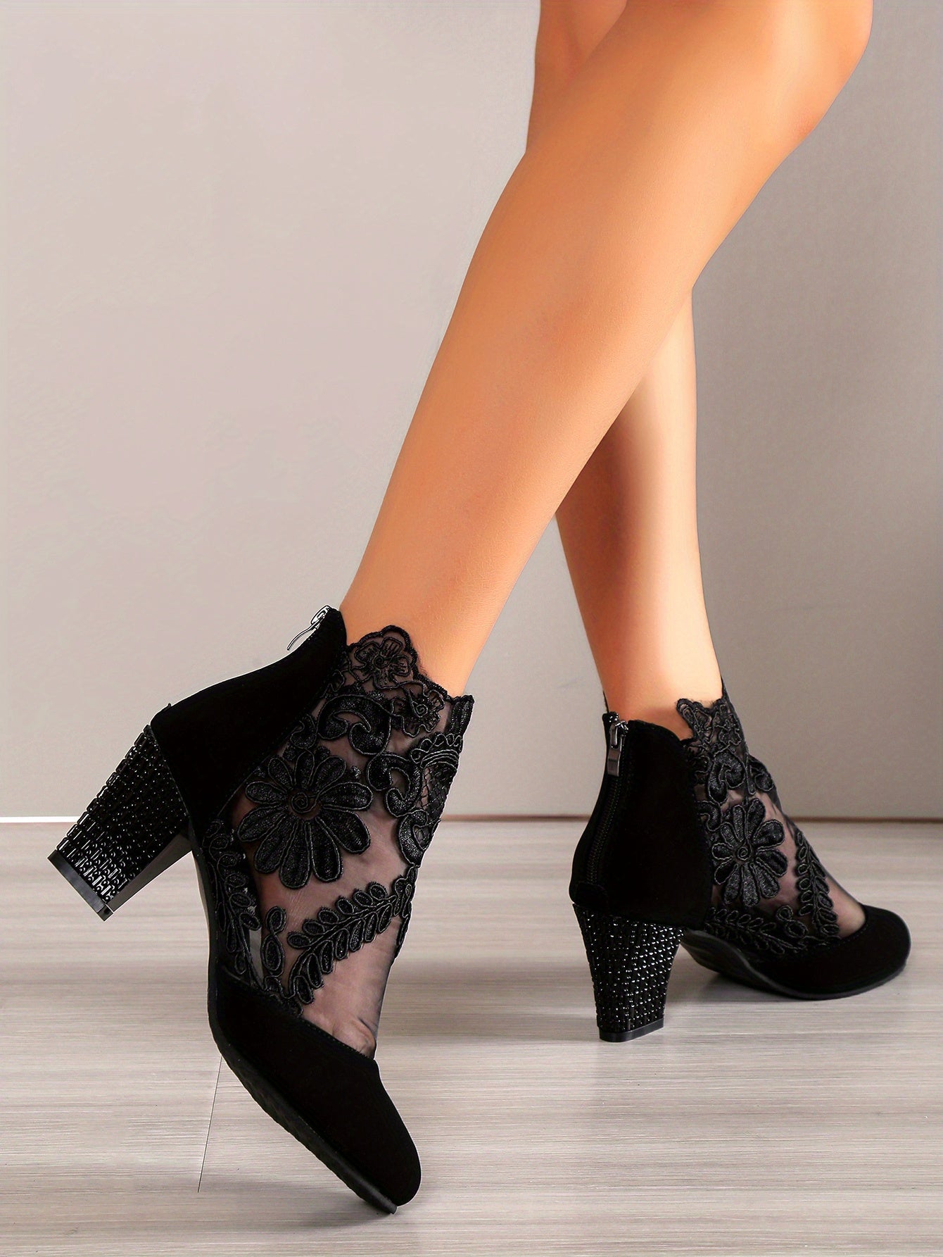 Women's Mesh Block Heel Boots, Fashion Floral Embroidered Back Zipper Heels, Versatile Dress Ankle Boots