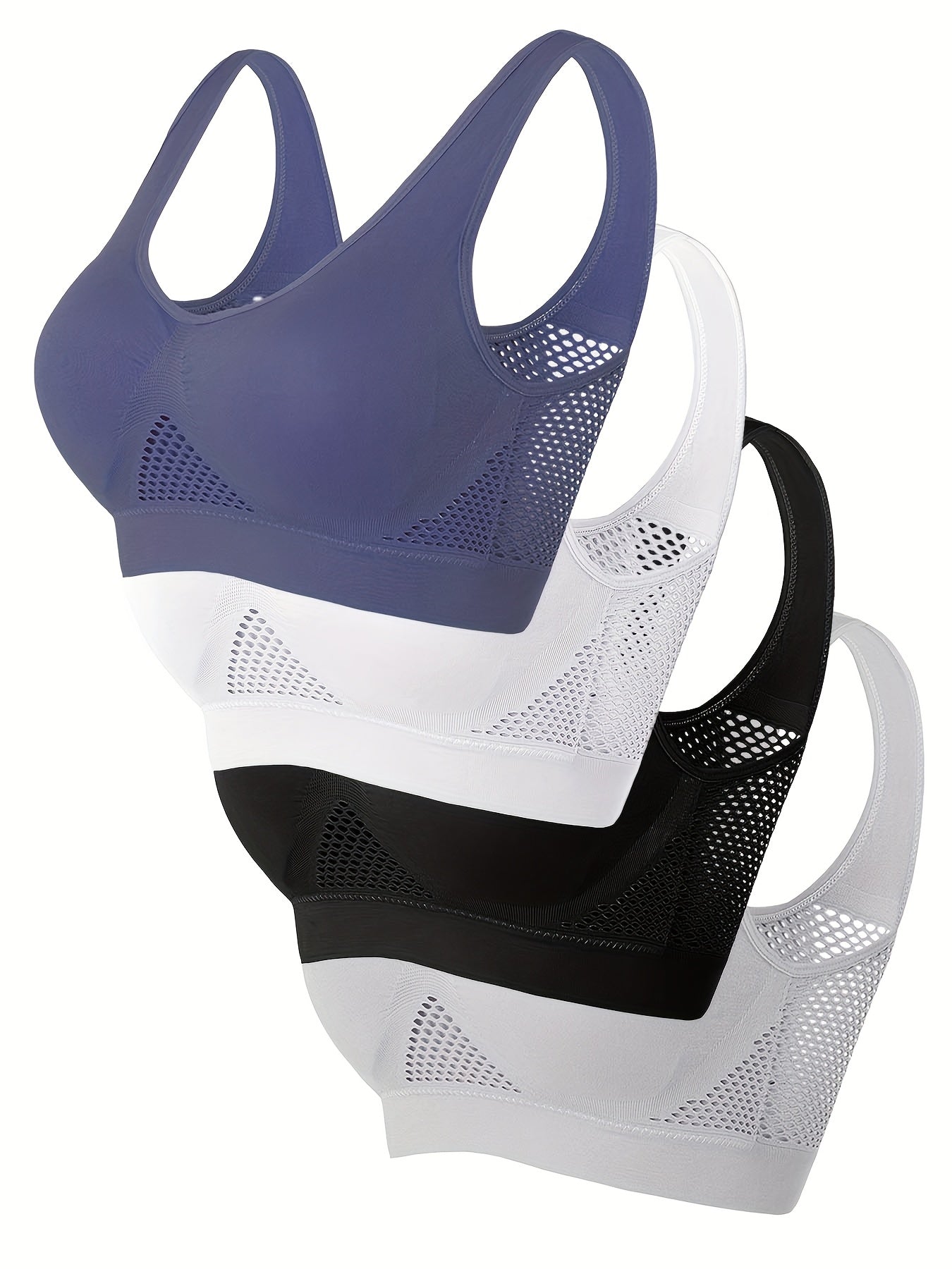 Wireless, Breathable 4pcs Women's Sports Bras - Padded, Mesh with Racerback Design for Yoga, Fitness, Running - Pink, White, Purple, Black, Workout Accessories