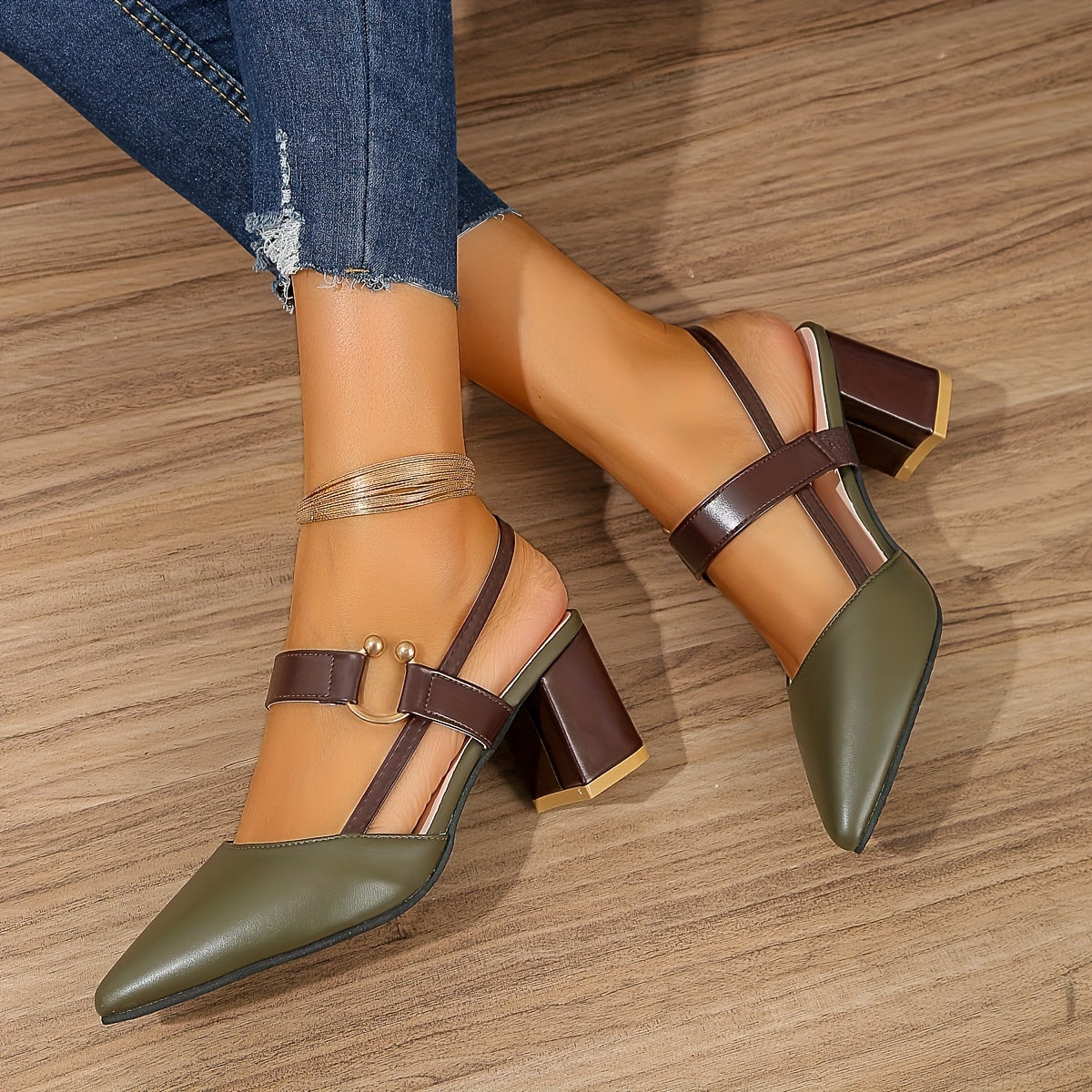 Women's Pointed Toe Block High Heel Sandals, Fashion Solid Color Slingback Shoes, Versatile Mid Heels