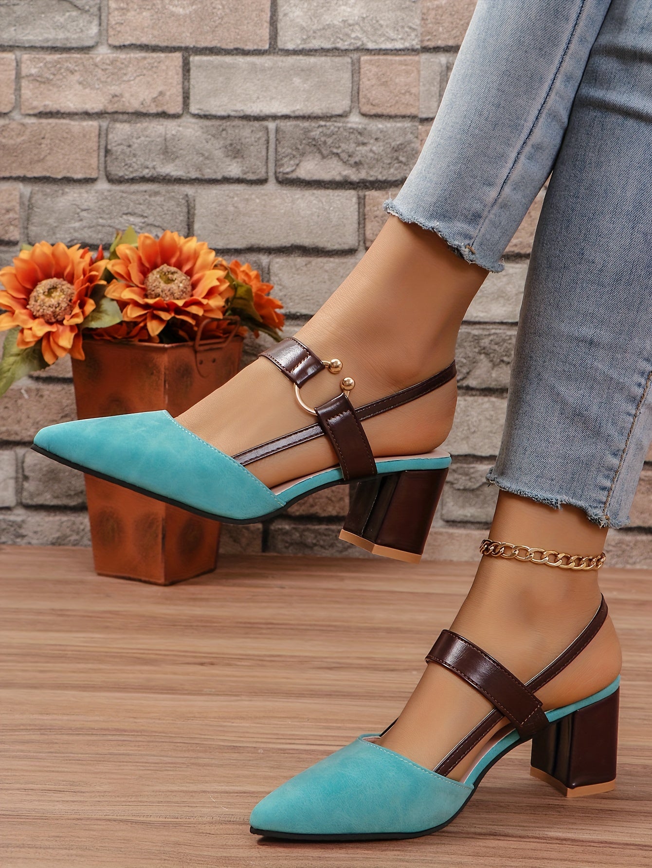 Women's Pointed Toe Block High Heel Sandals, Fashion Solid Color Slingback Shoes, Versatile Mid Heels