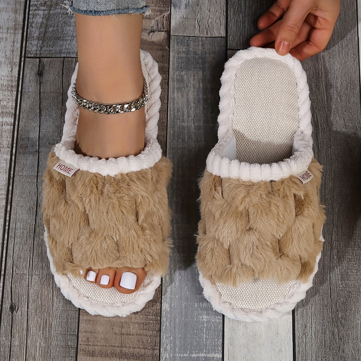 Cozy Faux Fur Slippers - Soft Fabric Lined, Rubber Sole, Comfortable Indoor Shoes for Home, Casual Slip-On Design with Plush Interior
