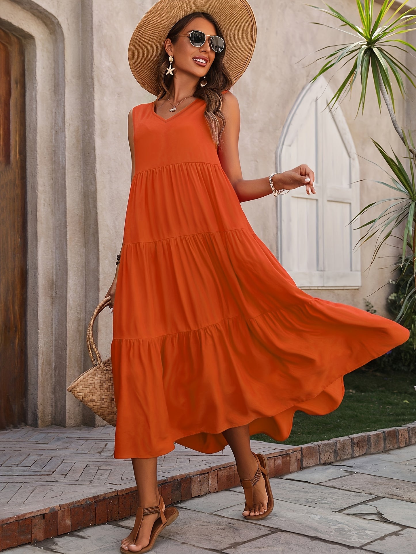 Loose V Neck Ruffle Hem Dress, Casual Sleeveless Dress For Spring & Summer, Women's Clothing
