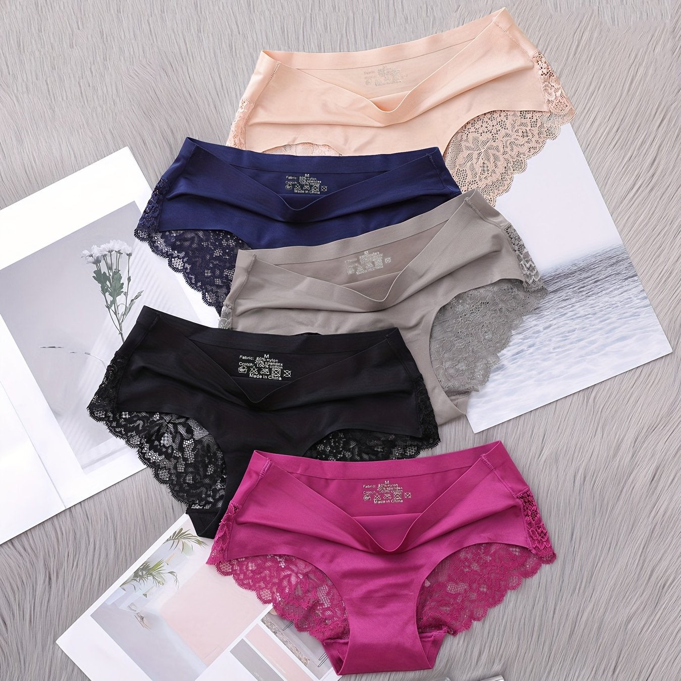 5pcs Comfy Chic Seamless Briefs - Semi-Sheer, Scallop Trim, Soft Stretch Fabric, Breathable, Moisture-Wicking, Everyday Wear - Women's Lingerie & Underwear Essentials