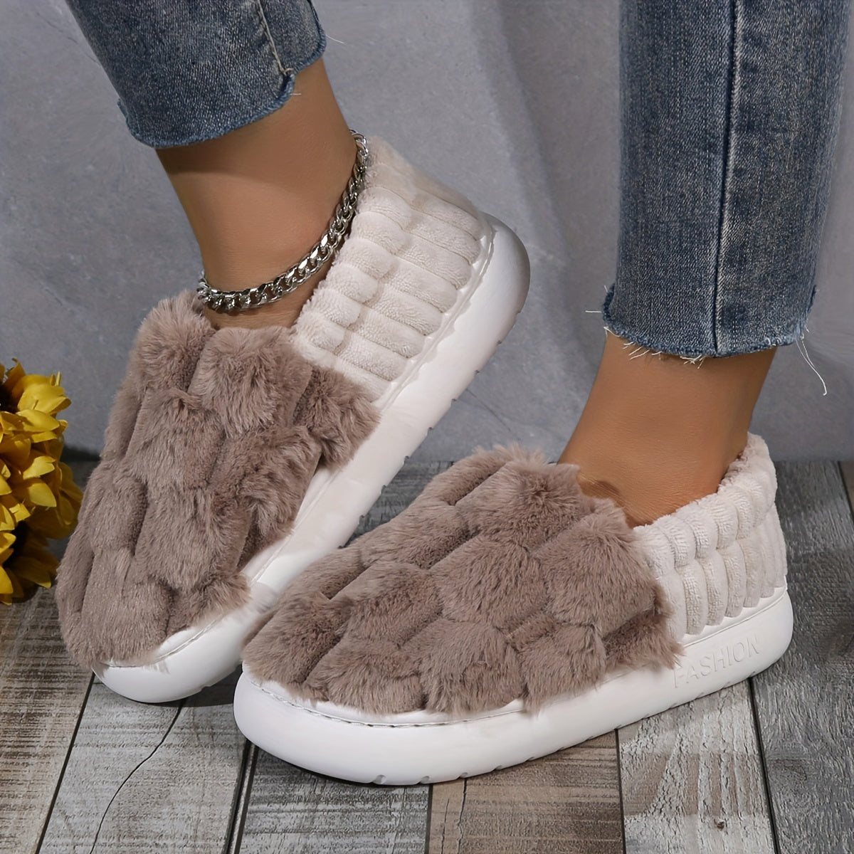 Cozy Faux Fur Slippers - Soft Fabric Lined, Rubber Sole, Comfortable Indoor Shoes for Home, Casual Slip-On Design with Plush Interior