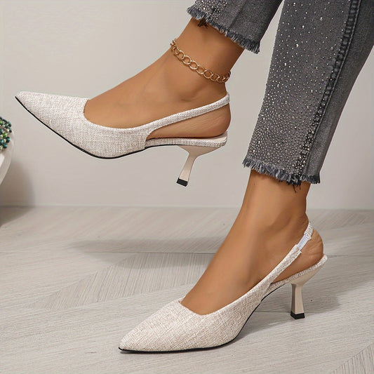 Mid Heel Womens Slingback Kitten Heels - Comfortable Pointed Toe Elastic Band Sandals with Non-Slip Sole, Soft PU Faux Leather Upper, and All-Match Solid Color Design for All-Season Wear