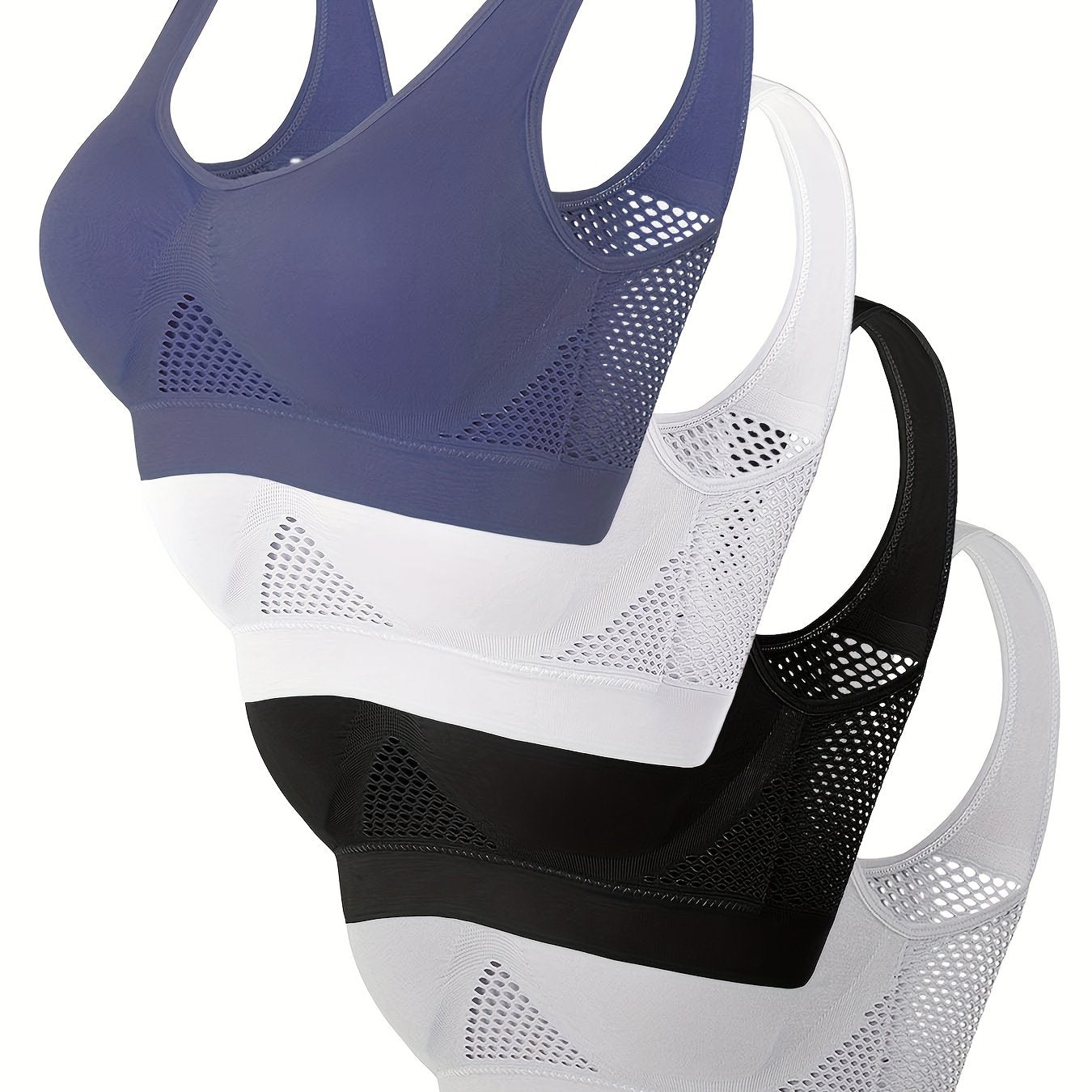 Wireless, Breathable 4pcs Women's Sports Bras - Padded, Mesh with Racerback Design for Yoga, Fitness, Running - Pink, White, Purple, Black, Workout Accessories