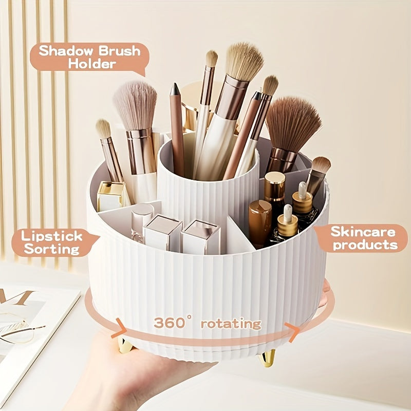 Durable 360° Rotating Makeup Organizer - 1pc Plastic Multi-Functional Holder - 5 Compartments for Brushes, Lipsticks, Skin Care Products, and Stationery with Luxury Stripe Design