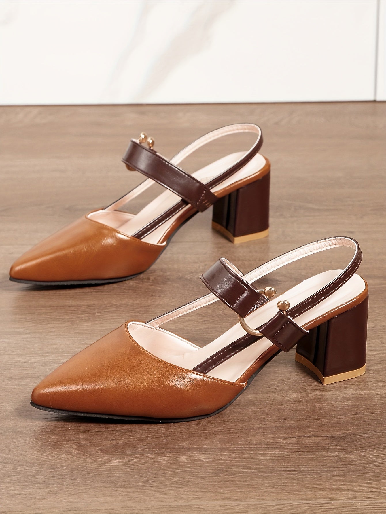 Women's Pointed Toe Block High Heel Sandals, Fashion Solid Color Slingback Shoes, Versatile Mid Heels
