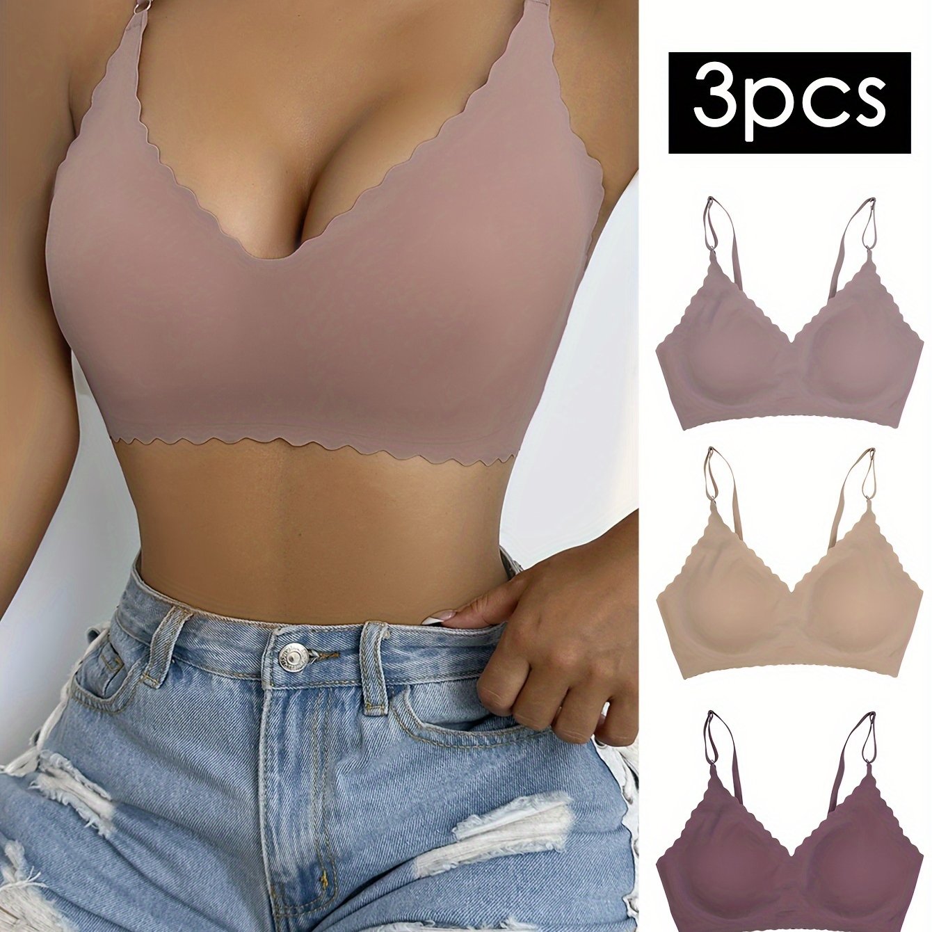 3pcs Wavy Trim Seamless Bralettes, Comfortable & Breathable Wireless Intimates Bras, Women's Lingerie & Underwear