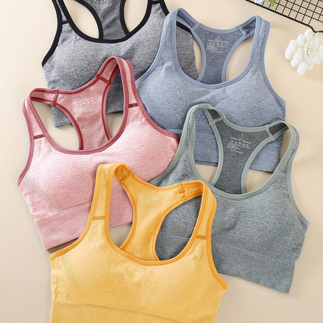 5pcs Women's Medium Support Sports Bras with Removable Pads, Breathable Mesh Back & Moisture-Wicking - Yoga & Gym Bras for High-Impact Workouts, Tummy Control, 5 Colors (Black/Dark Grey/Charcoal/Blush/Peach), Yoga Apparel | S