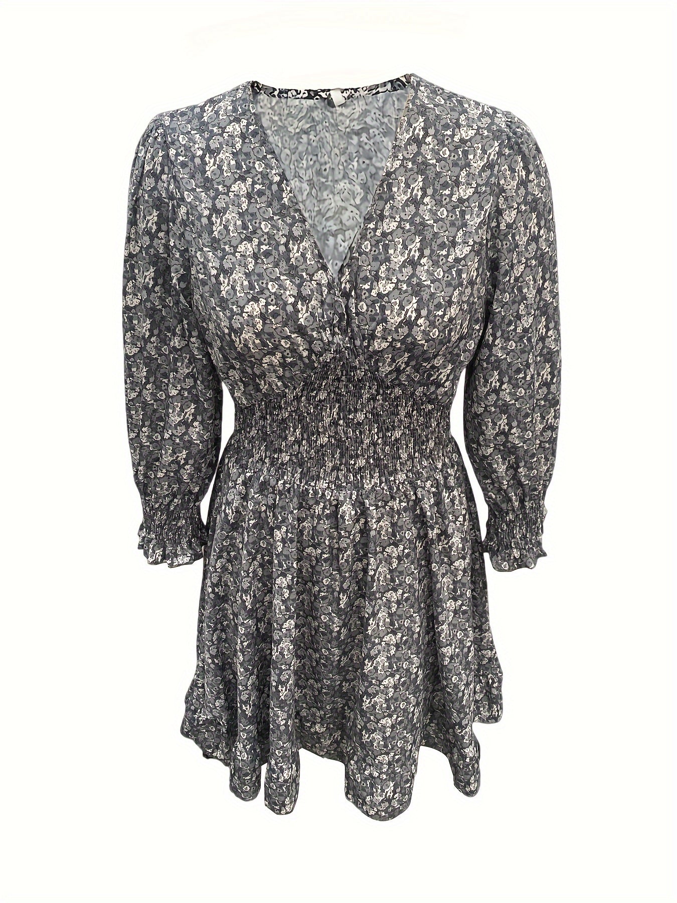 Floral Print Shirred Waist Dress, Casual V Neck Dress For Spring & Summer, Women's Clothing