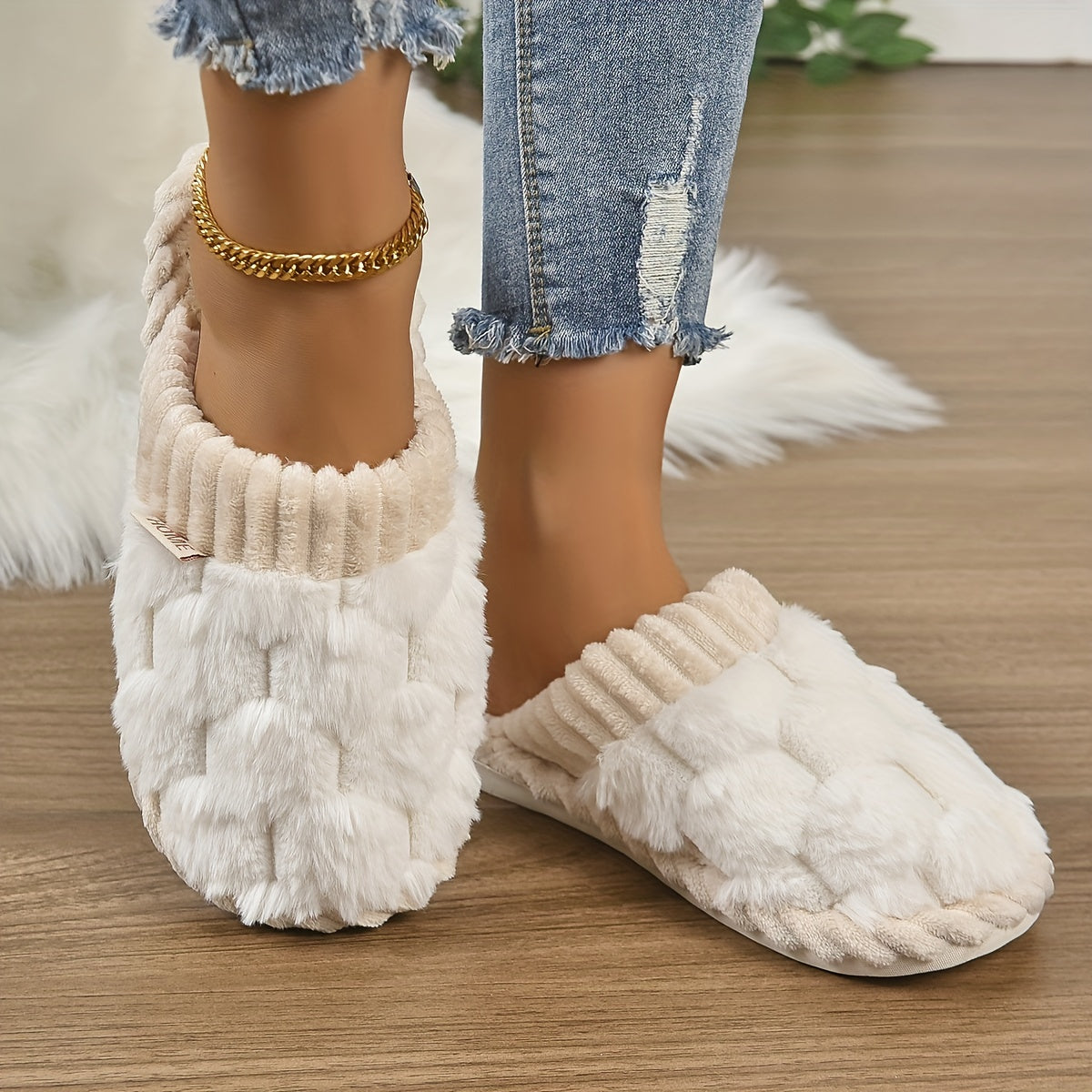 Cozy Faux Fur Slippers - Soft Fabric Lined, Rubber Sole, Comfortable Indoor Shoes for Home, Casual Slip-On Design with Plush Interior