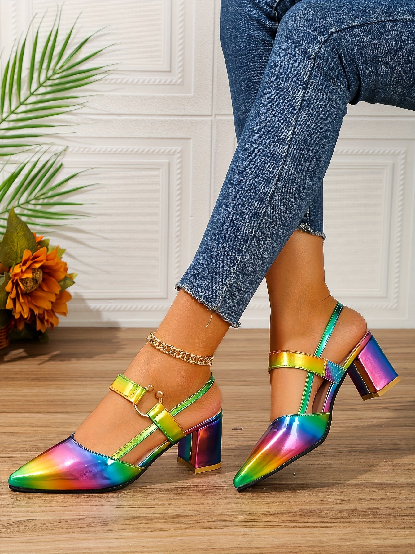 Women's Pointed Toe Block High Heel Sandals, Fashion Solid Color Slingback Shoes, Versatile Mid Heels