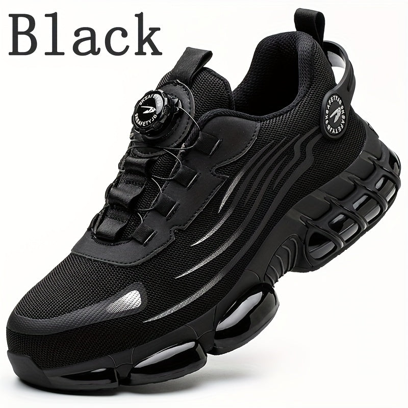 Men's Steel Toe Puncture-Proof Work Safety Sneakers with Rotating Button Closure - Breathable Mesh & Fabric Lining, Non-Slip Rubber Sole - Lightweight Summer Industrial Shoes for Warehouse, Construction, Factory, Steel Toe Sh