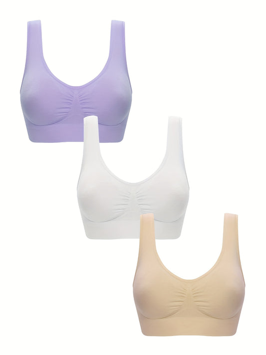 3pcs Wireless Sports Bras, Comfy & Breathable Running Workout Tank Bra, Women's Lingerie & Underwear