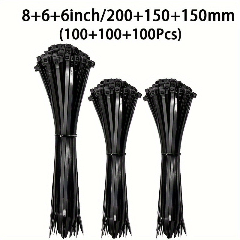 300pcs Heavy-Duty Nylon Cable Ties Set - Assorted Sizes 16"/8"/6", High Tensile Strength, UV Resistant, Self-Locking, Easy to Use, Black Zip Ties for Home, Office, and Industrial Cable Management, Organization, and Wire Bundl