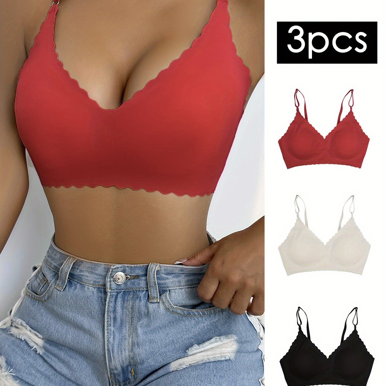 3pcs Wavy Trim Seamless Bralettes, Comfortable & Breathable Wireless Intimates Bras, Women's Lingerie & Underwear