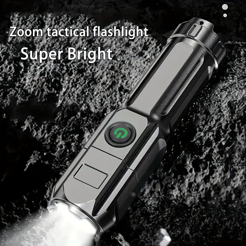 1pc Tactical Zoomable Flashlight - Rechargeable 800mAh Battery, Portable Multi-Functional Outdoor Light with Textured Grip & Dual Power Source (Battery/USB) for Home, Camping, and Emergency Use, Rechargeable Flashlight