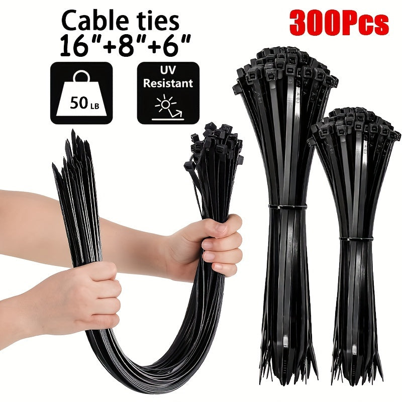 300pcs Heavy-Duty Nylon Cable Ties Set - Assorted Sizes 16"/8"/6", High Tensile Strength, UV Resistant, Self-Locking, Easy to Use, Black Zip Ties for Home, Office, and Industrial Cable Management, Organization, and Wire Bundl