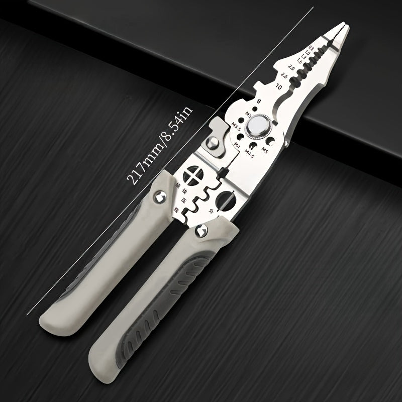 1pc Multi-functional Stainless Steel Wire Cutter And Stripper Pliers, 8.5in Industrial Grade Electrical Pliers For Wiring, Cutting, Stripping, Crimping, Gripping, Twisting, Nail Pulling, Metal Construction For Electricians An