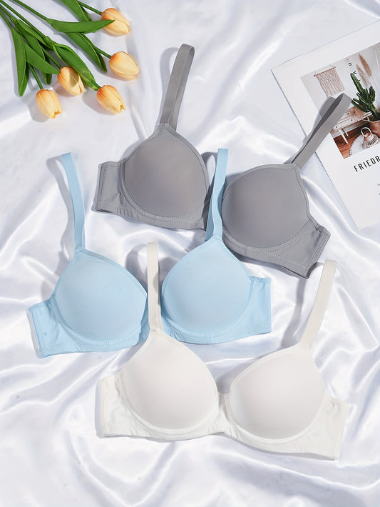 3pcs Simple Solid T-Shirt Bras, Comfy & Breathable Push Up Bra, Women's Lingerie & Underwear